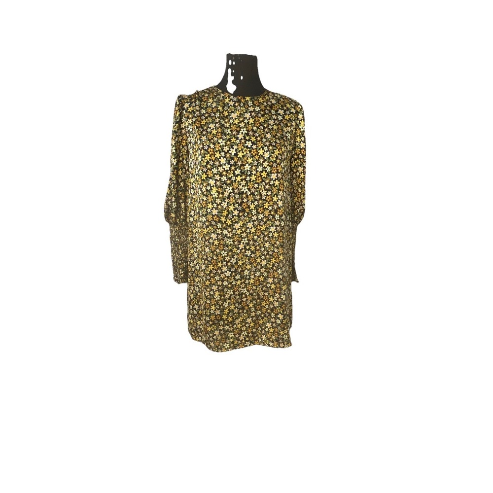 Zara Puffer Mock 3/4  Sleeve‎ Satin Floral Mini Dress Yellow Size Small Preppy